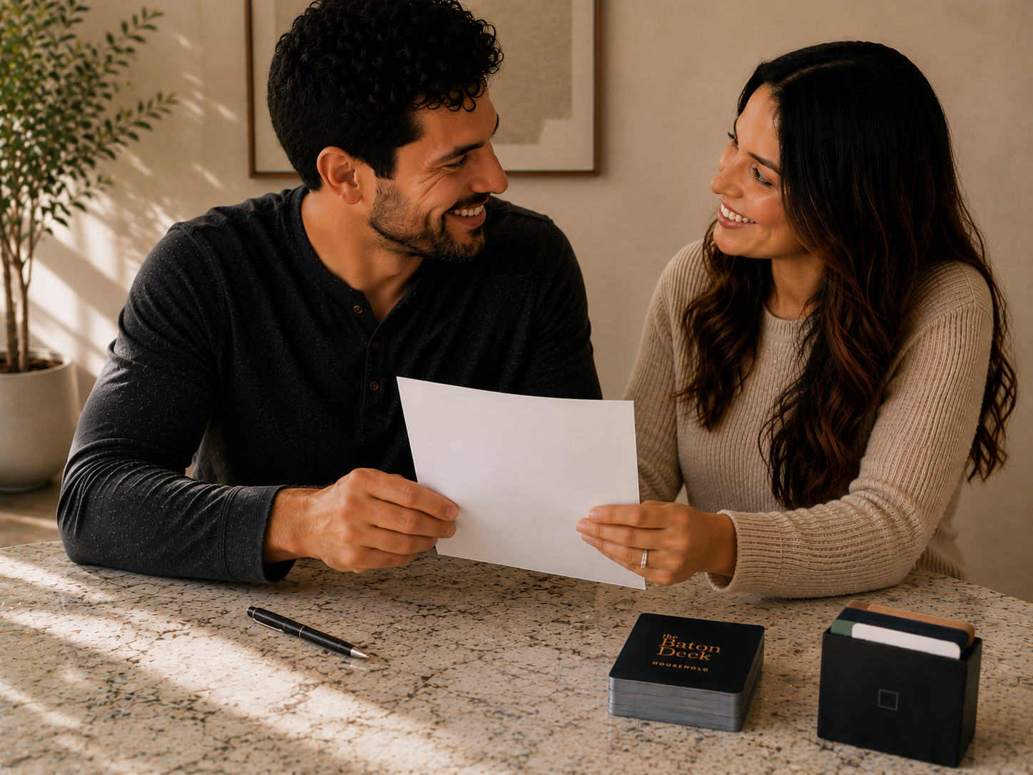A couple sitting together at a table with the Baton Deck and a signed household agreement
