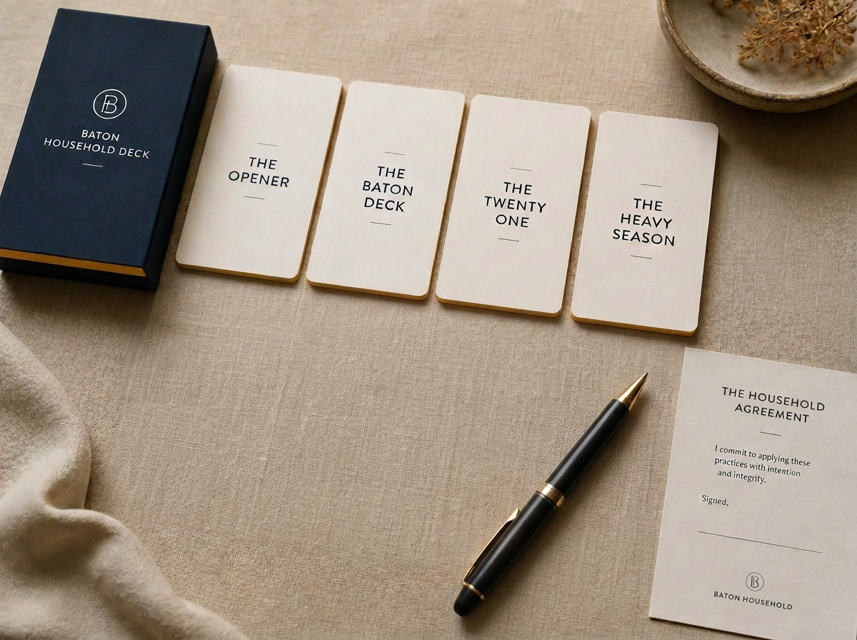 Printed Baton Household cards laid out in rows beside a signed agreement sheet